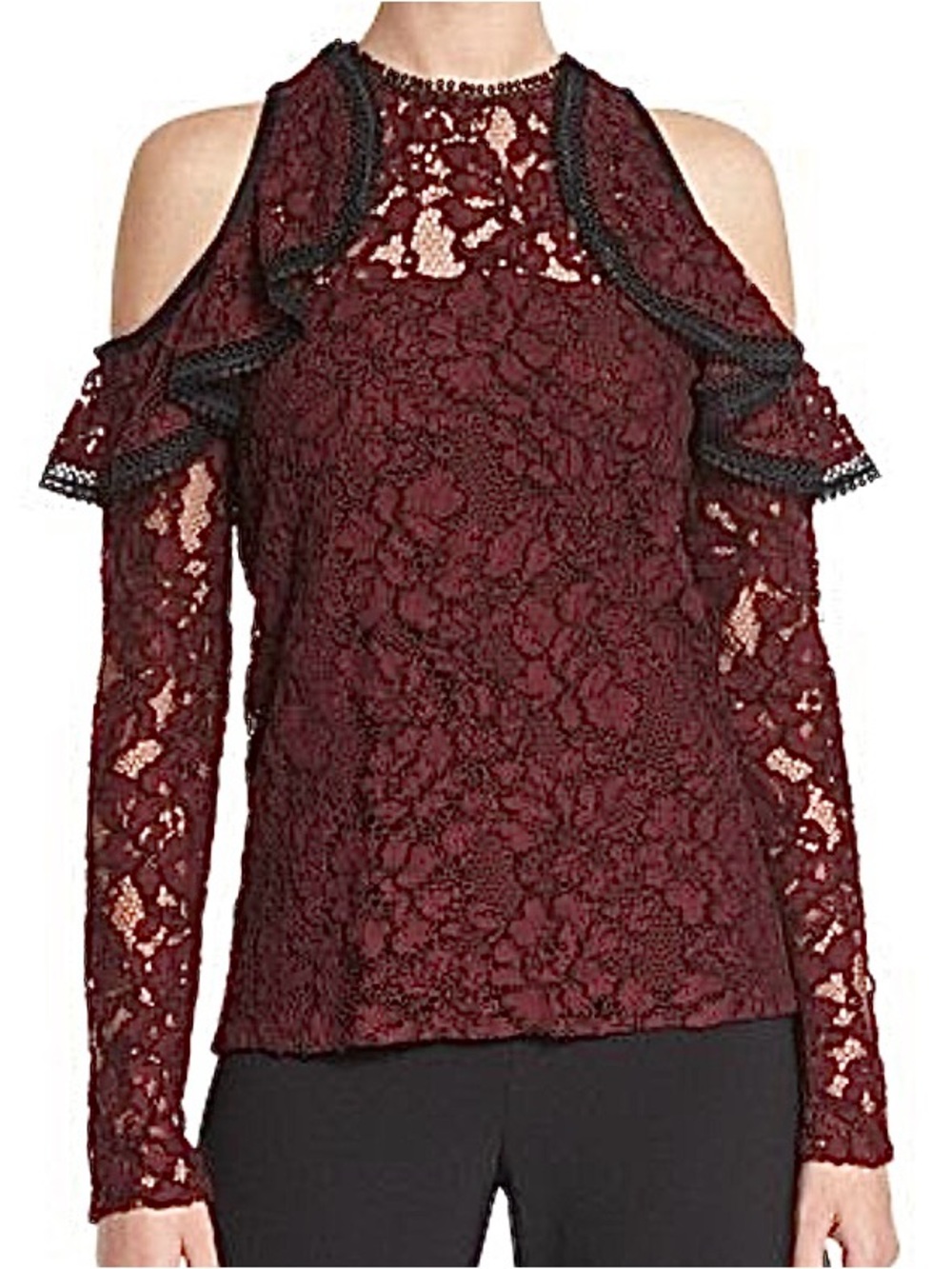 Alexis Millie Lace Cold-Shoulder Burgundy Ruffle long sleeve Blouse  BlackTrim S